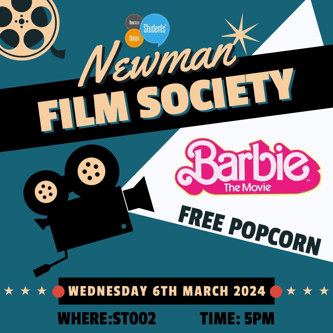 Advert for Newman Film Society screening of Barbie - Room ST002 from 5pm